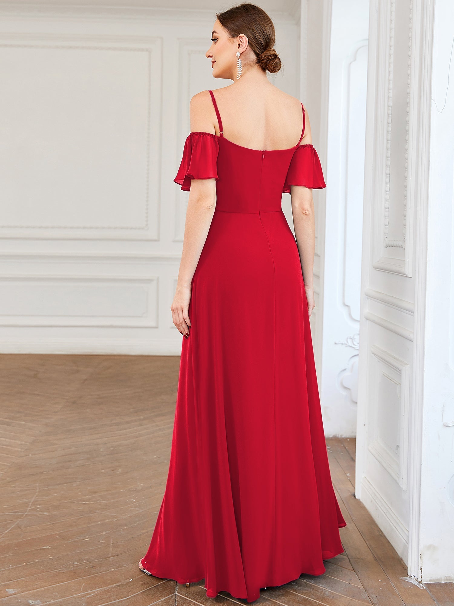 Robe d'invité de mariage trapèze en mousseline fluide à encolure ronde et longueur au genou #Couleur_Rouge