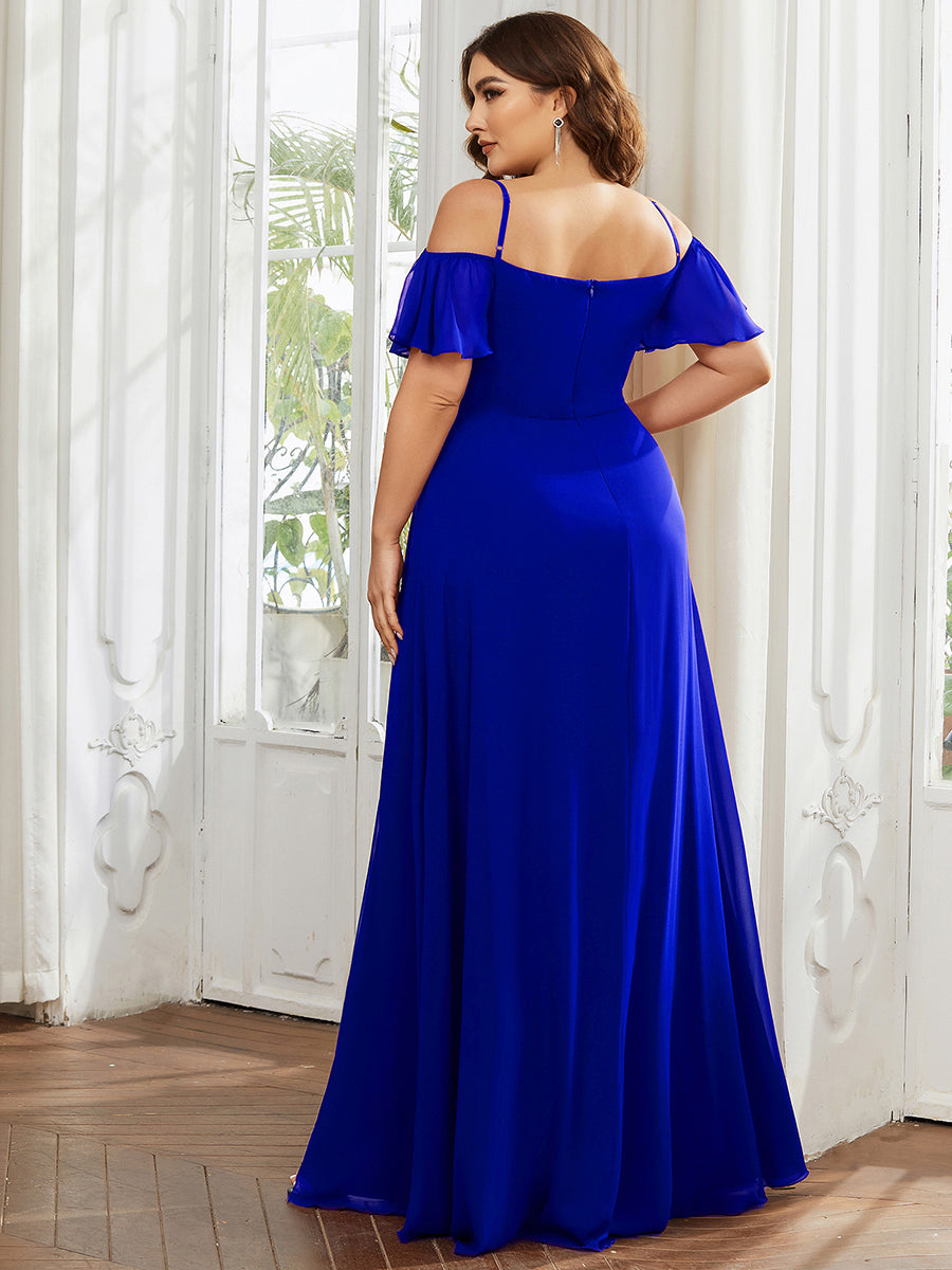 Robe d'invité de mariage trapèze en mousseline fluide à encolure ronde et longueur au genou #Couleur_Bleu Saphir