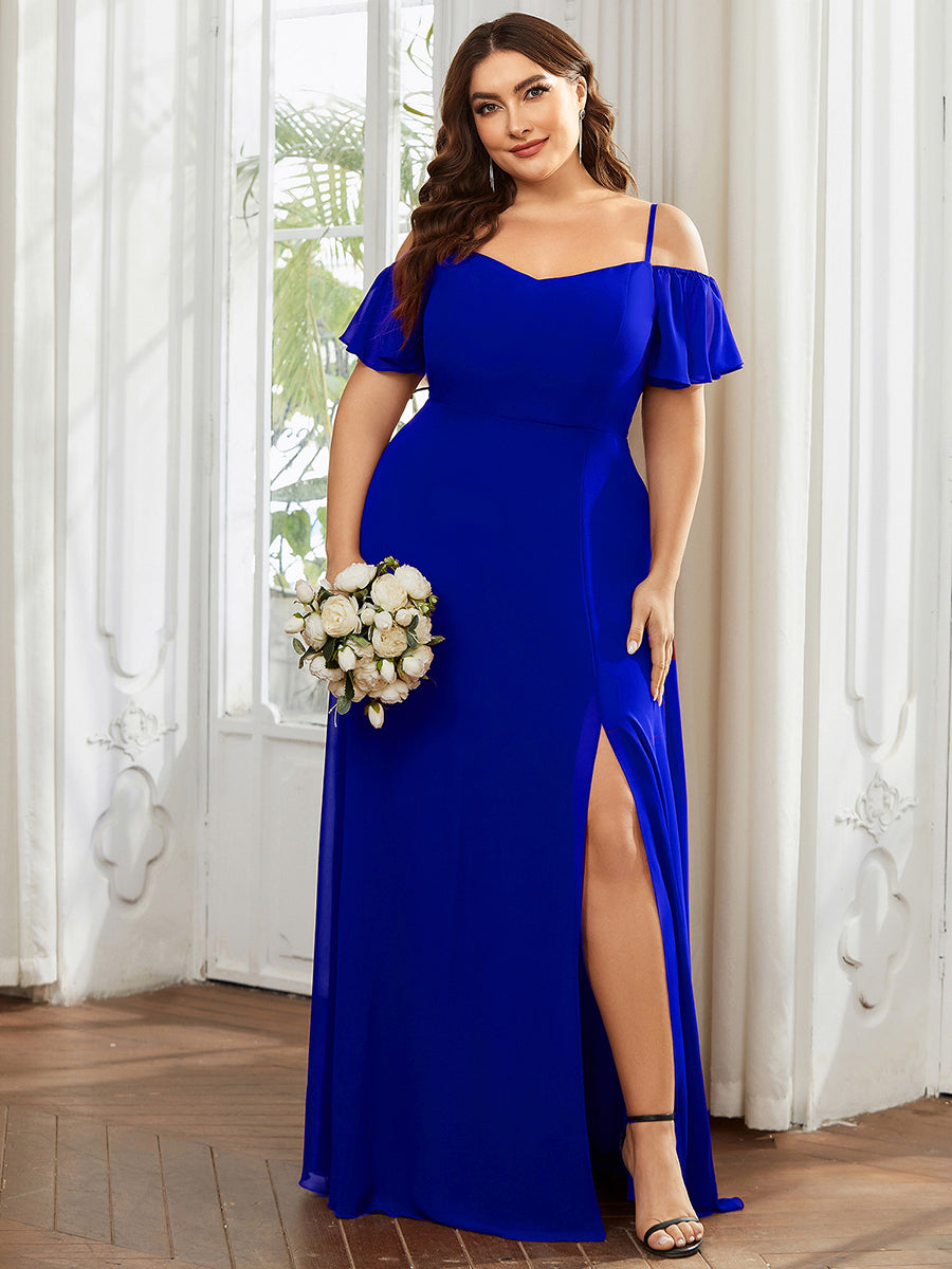 Robe d'invité de mariage trapèze en mousseline fluide à encolure ronde et longueur au genou #Couleur_Bleu Saphir