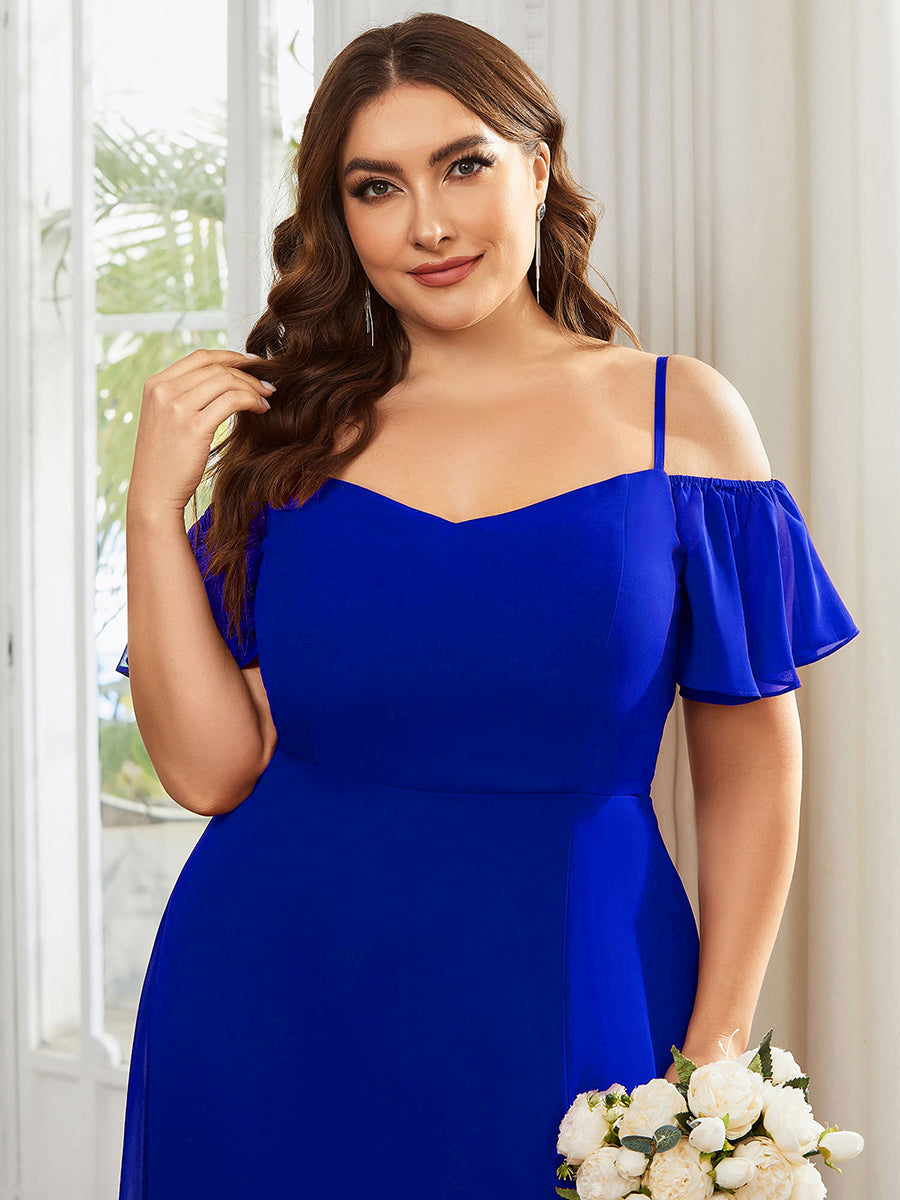 Robe d'invité de mariage trapèze en mousseline fluide à encolure ronde et longueur au genou #Couleur_Bleu Saphir