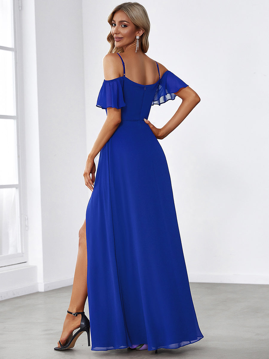 Robe d'invité de mariage trapèze en mousseline fluide à encolure ronde et longueur au genou #Couleur_Bleu Saphir