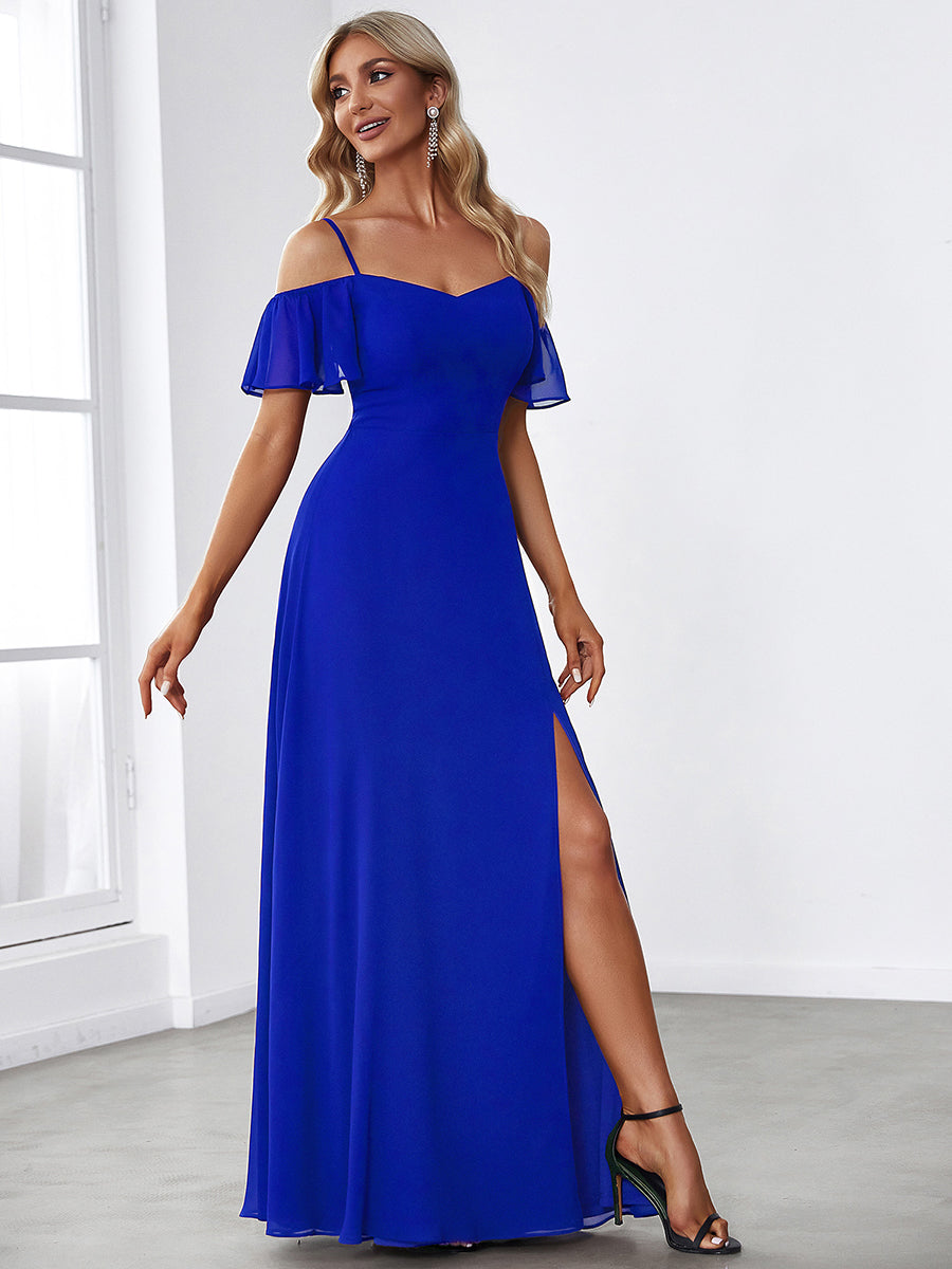Robe d'invité de mariage trapèze en mousseline fluide à encolure ronde et longueur au genou #Couleur_Bleu Saphir