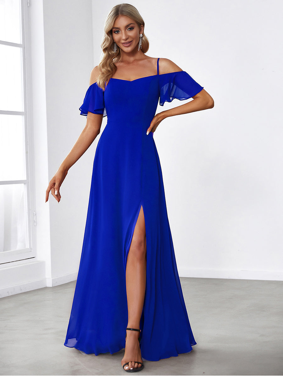 Robe d'invité de mariage trapèze en mousseline fluide à encolure ronde et longueur au genou #Couleur_Bleu Saphir