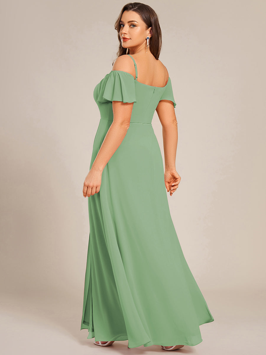 Robe d'invité de mariage trapèze en mousseline fluide à encolure ronde et longueur au genou #Couleur_Vert sauge