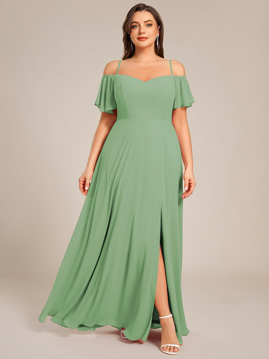 Robe d'invité de mariage trapèze en mousseline fluide à encolure ronde et longueur au genou #Couleur_Vert sauge