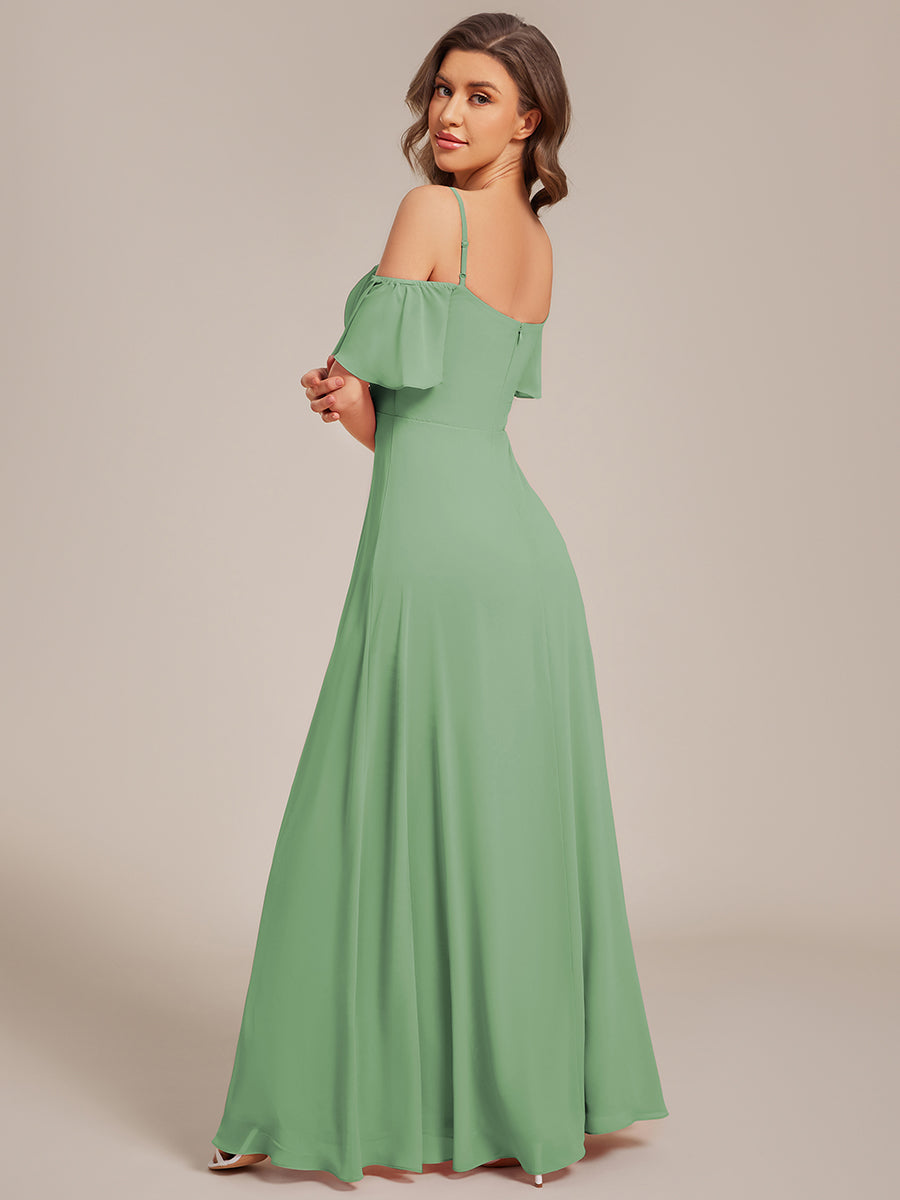Robe d'invité de mariage trapèze en mousseline fluide à encolure ronde et longueur au genou #Couleur_Vert sauge
