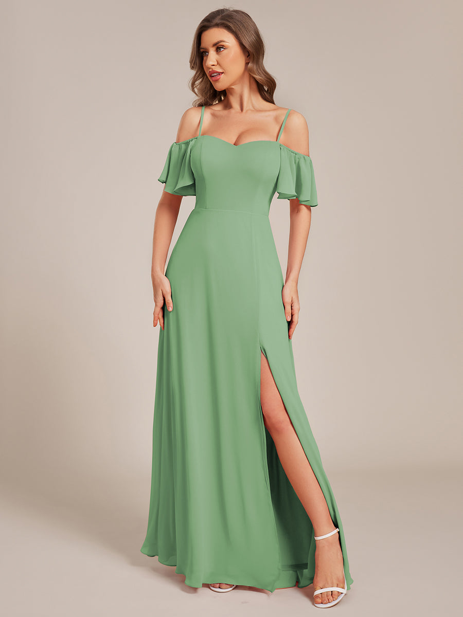 Robe d'invité de mariage trapèze en mousseline fluide à encolure ronde et longueur au genou #Couleur_Vert sauge