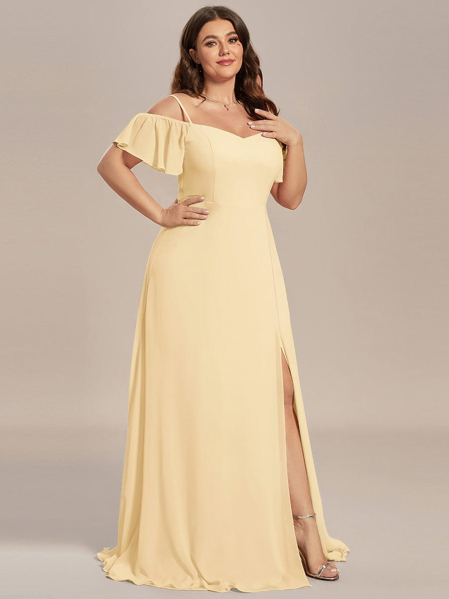 Robe d'invité de mariage trapèze en mousseline fluide à encolure ronde et longueur au genou #Couleur_Jaune