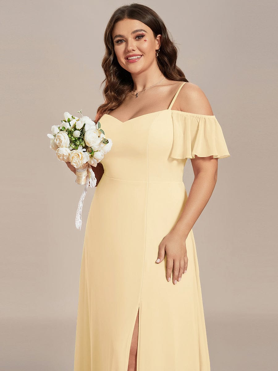 Robe d'invité de mariage trapèze en mousseline fluide à encolure ronde et longueur au genou #Couleur_Jaune