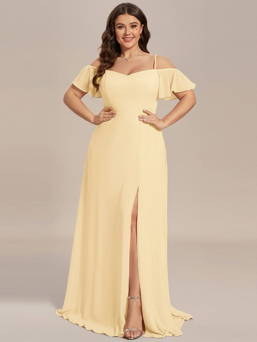 Robe d'invité de mariage trapèze en mousseline fluide à encolure ronde et longueur au genou #Couleur_Jaune