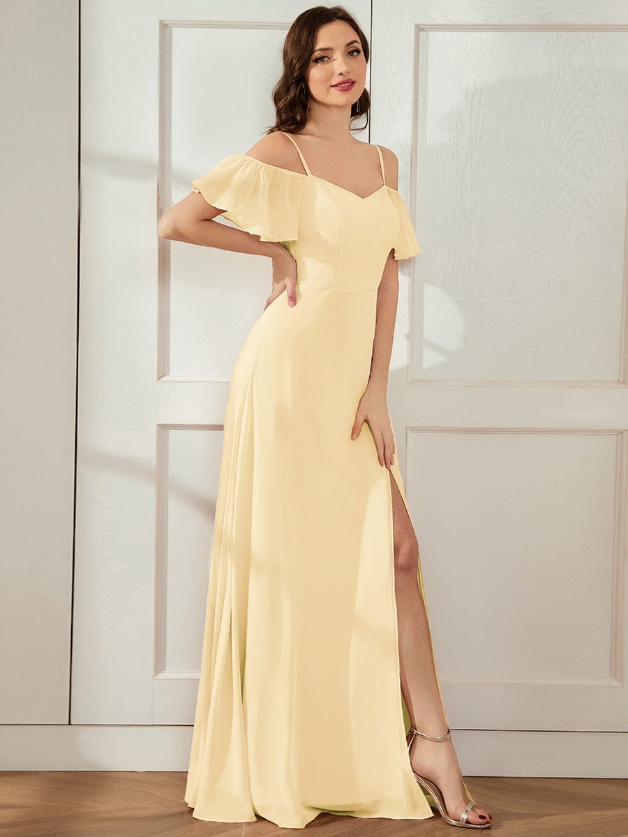 Robe d'invité de mariage trapèze en mousseline fluide à encolure ronde et longueur au genou #Couleur_Jaune