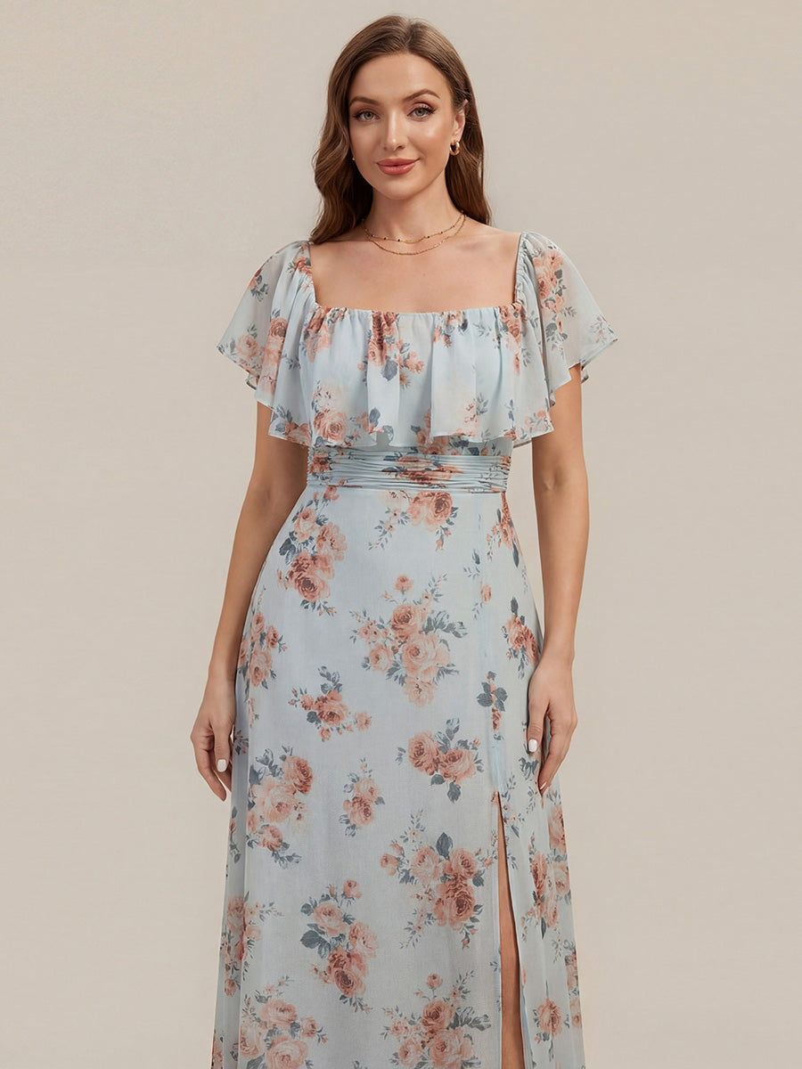 Robe de demoiselle d'honneur en mousseline à épaules dénudées et fente haute #Couleur_Floraison Ambrée