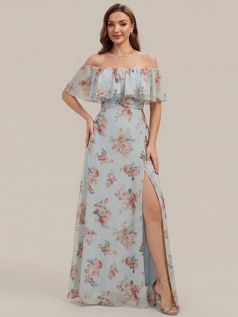 Robe de demoiselle d'honneur en mousseline à épaules dénudées et fente haute #Couleur_Floraison Ambrée