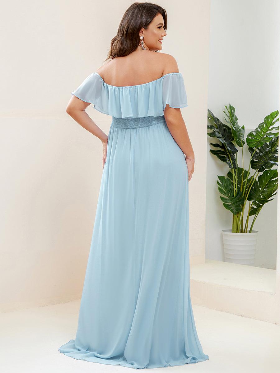 Robe de demoiselle d'honneur grande taille à volants et épaules dénudéess #Couleur_Bleu Ciel