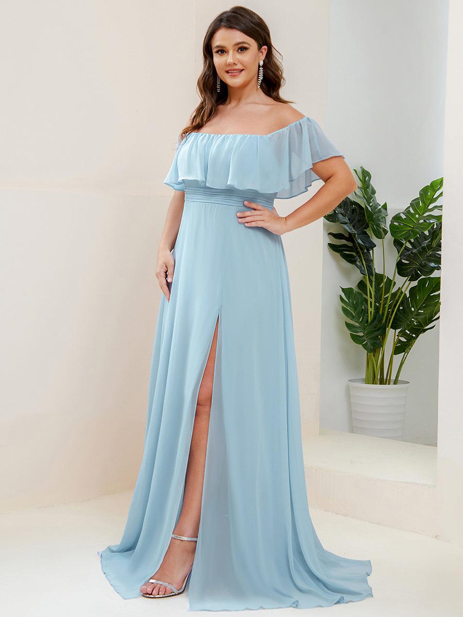 Robe de demoiselle d'honneur grande taille à volants et épaules dénudéess #Couleur_Bleu Ciel