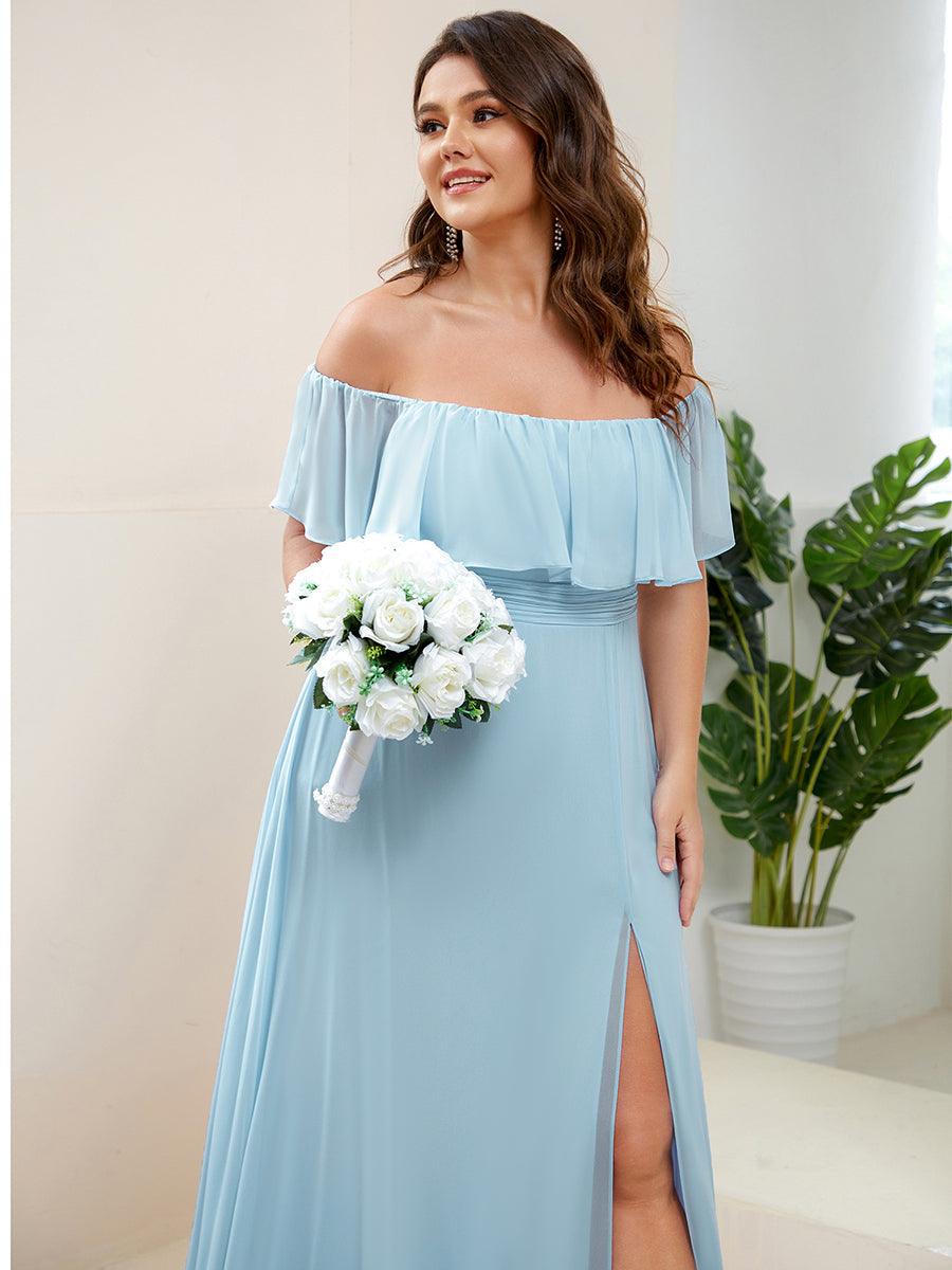 Robe de demoiselle d'honneur grande taille à volants et épaules dénudéess #Couleur_Bleu Ciel