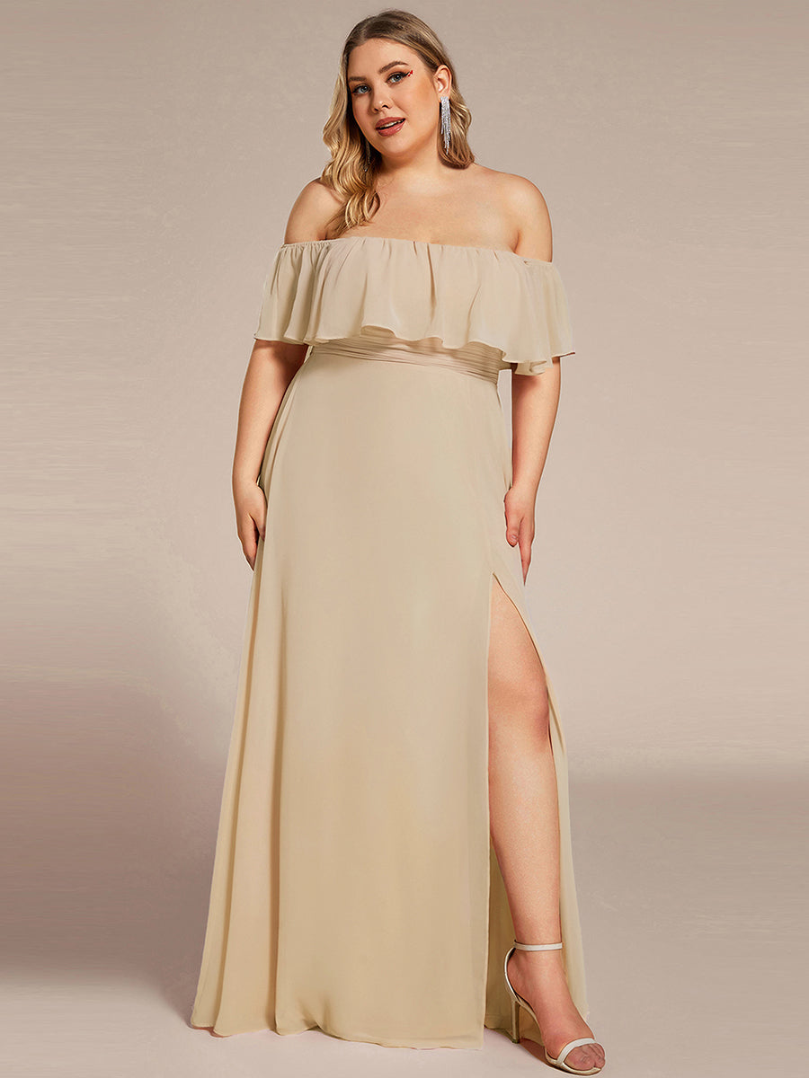 Robe de demoiselle d'honneur en mousseline à épaules dénudées et fente haute #Couleur_Charbon