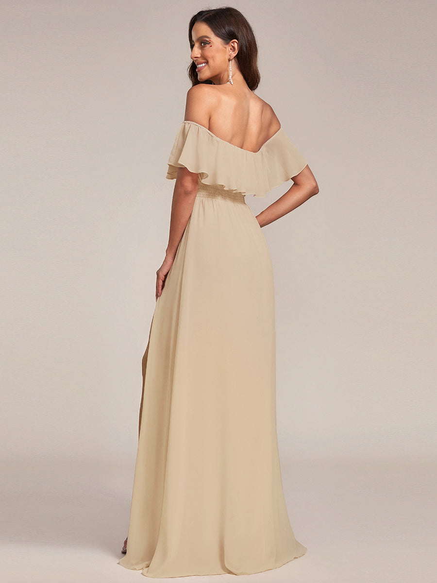 Robe de demoiselle d'honneur en mousseline à épaules dénudées et fente haute #Couleur_Charbon