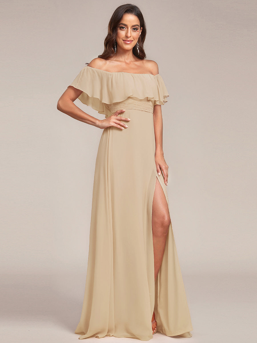 Robe de demoiselle d'honneur en mousseline à épaules dénudées et fente haute #Couleur_Charbon