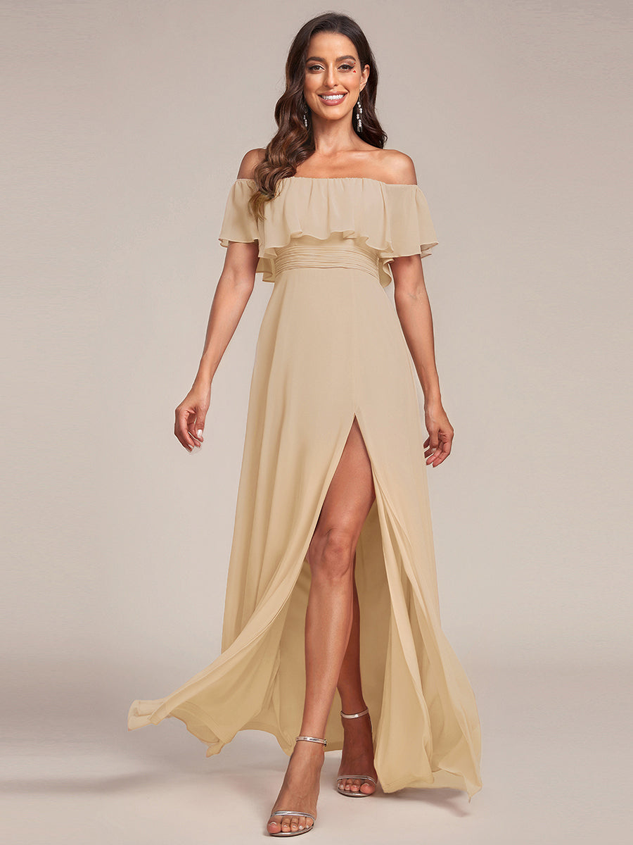 Robe de demoiselle d'honneur en mousseline à épaules dénudées et fente haute #Couleur_Charbon