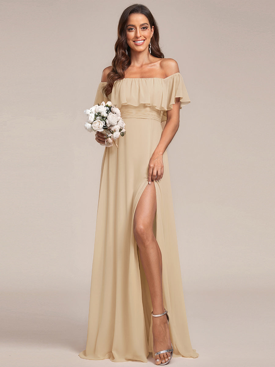 Robe de demoiselle d'honneur en mousseline à épaules dénudées et fente haute #Couleur_Charbon