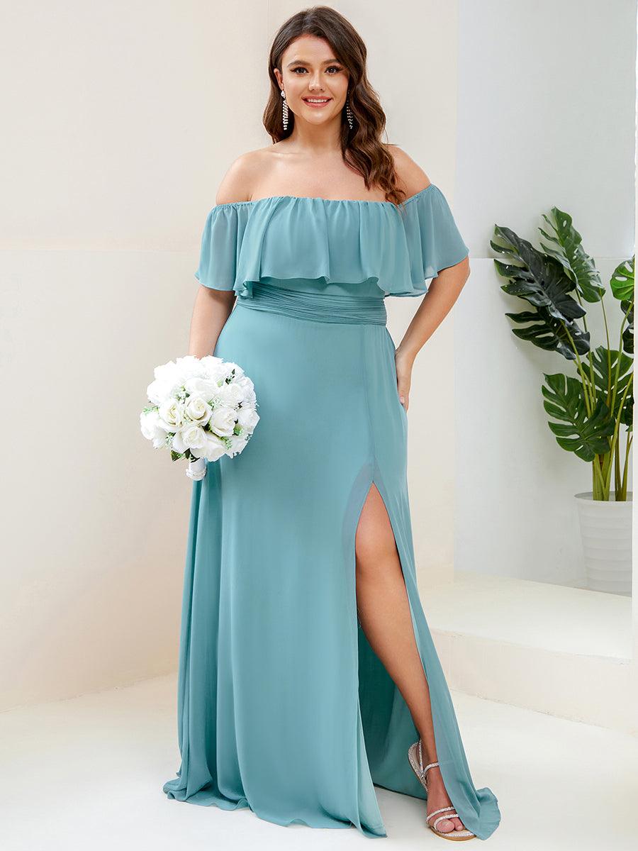 Robe de demoiselle d'honneur grande taille à volants et épaules dénudéess #Couleur_Bleu Fume