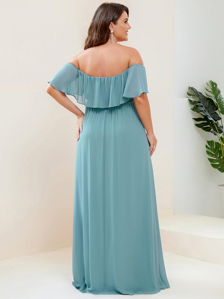 Robe de demoiselle d'honneur grande taille à volants et épaules dénudéess #Couleur_Bleu Fume