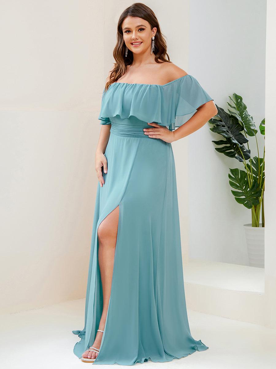 Robe de demoiselle d'honneur grande taille à volants et épaules dénudéess #Couleur_Bleu Fume