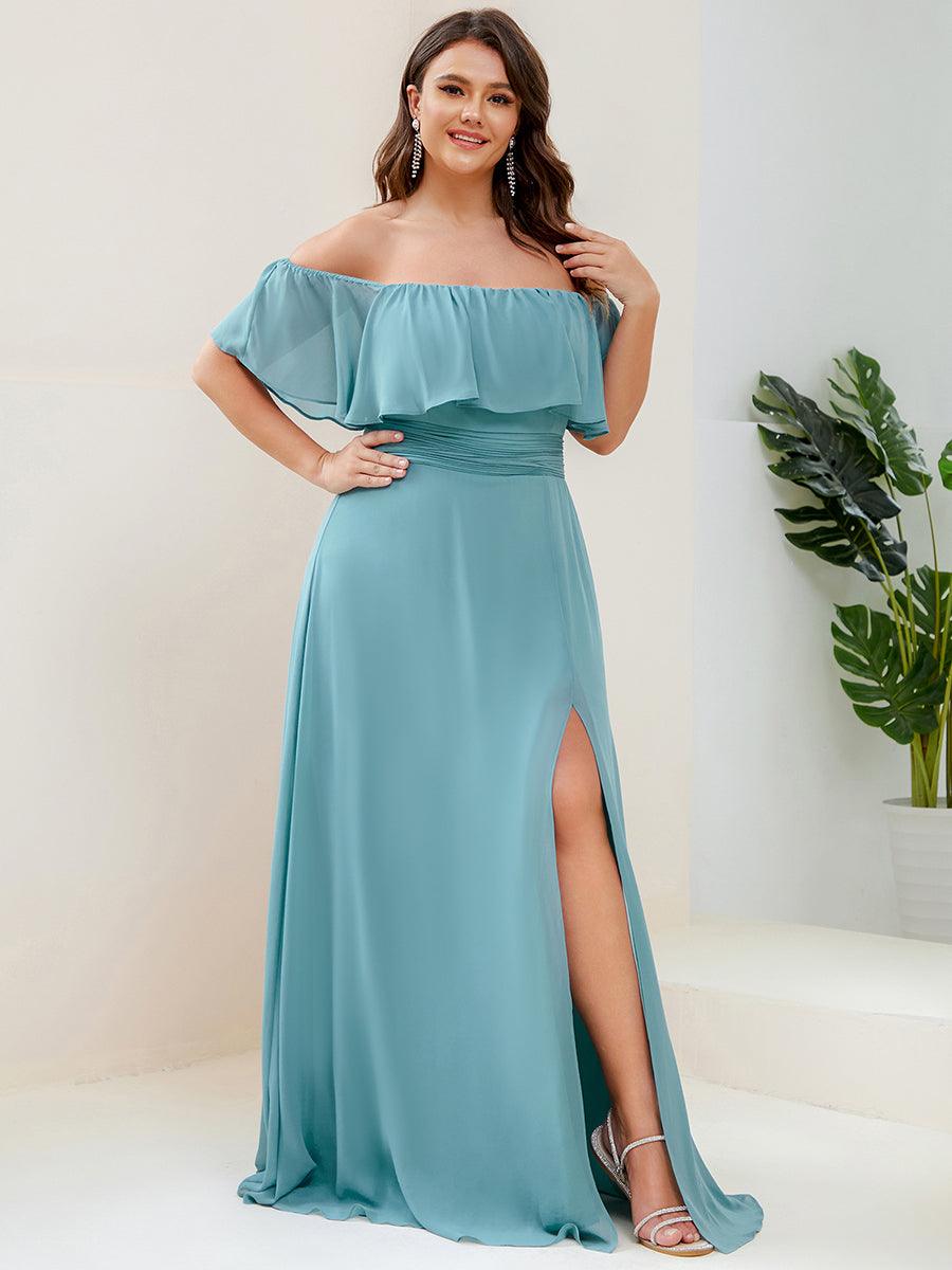 Robe de demoiselle d'honneur grande taille à volants et épaules dénudéess #Couleur_Bleu Fume