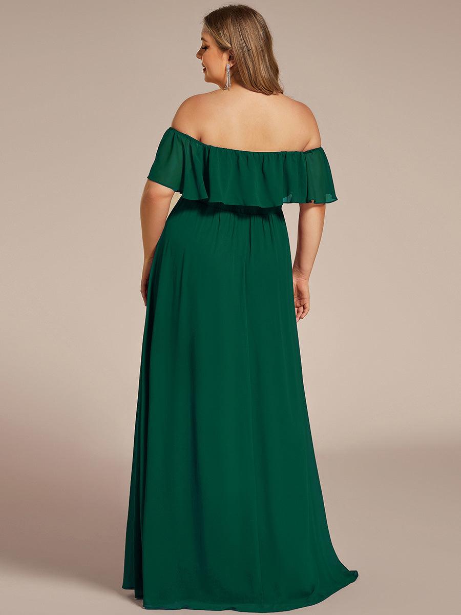 Robe de demoiselle d'honneur en mousseline à épaules dénudées et fente haute #Couleur_Vert Fonce