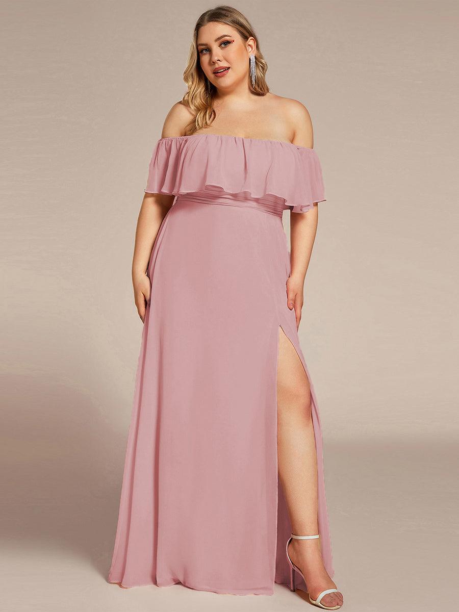 Robe de demoiselle d'honneur grande taille à volants et épaules dénudéess #Couleur_Rose fumee