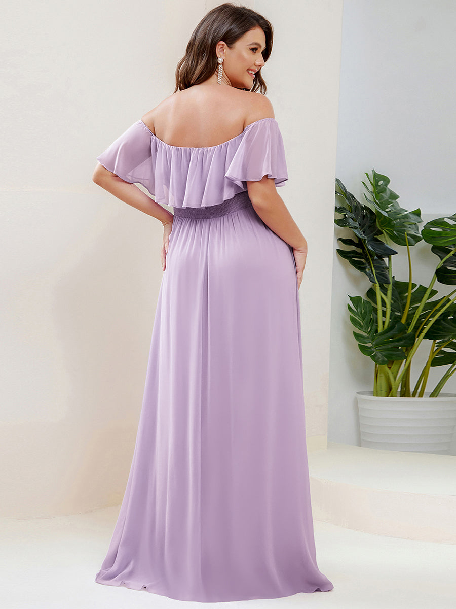 Robe de demoiselle d'honneur grande taille à volants et épaules dénudéess #Couleur_Lilas Givré