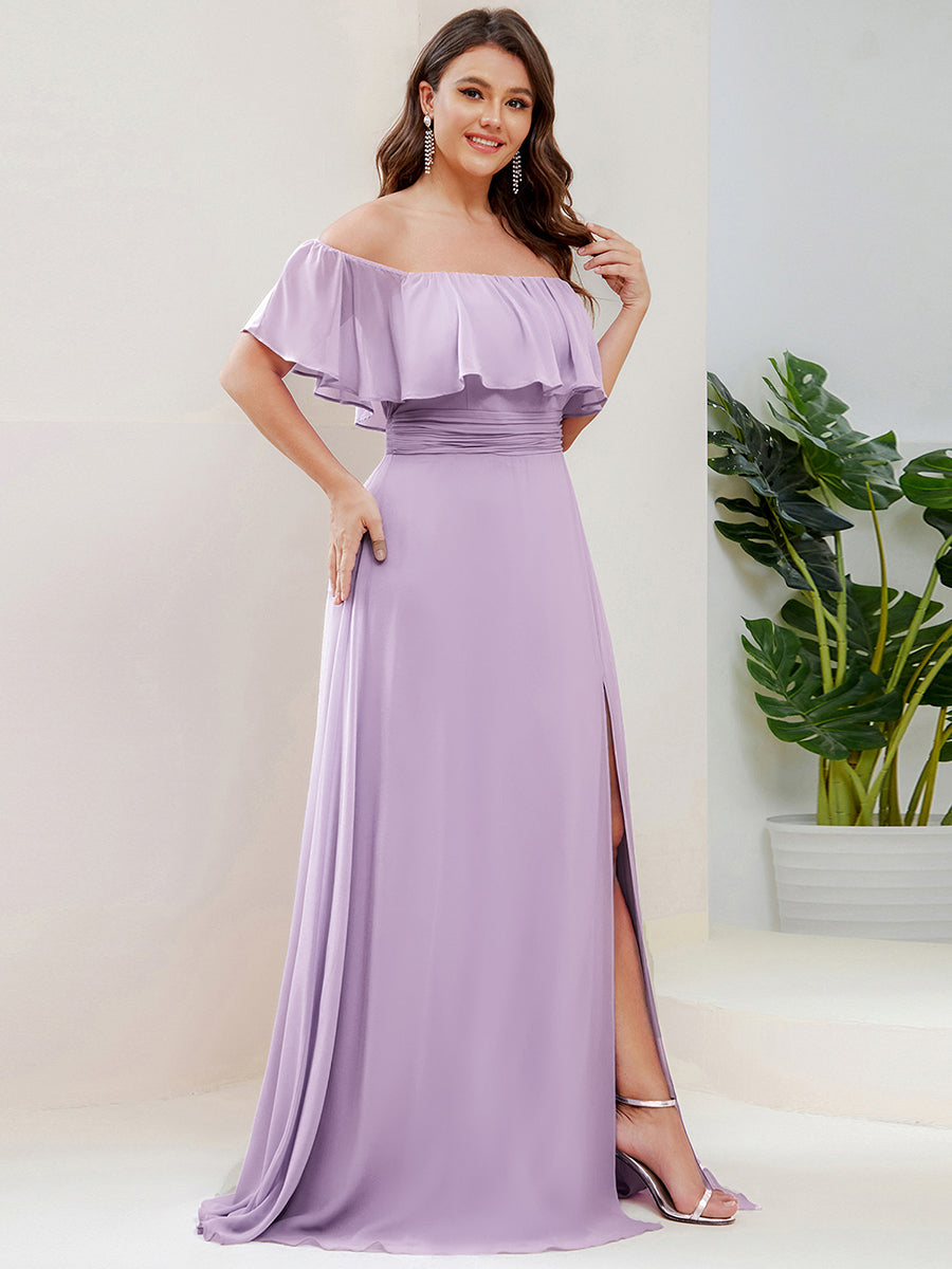 Robe de demoiselle d'honneur grande taille à volants et épaules dénudéess #Couleur_Lilas Givré