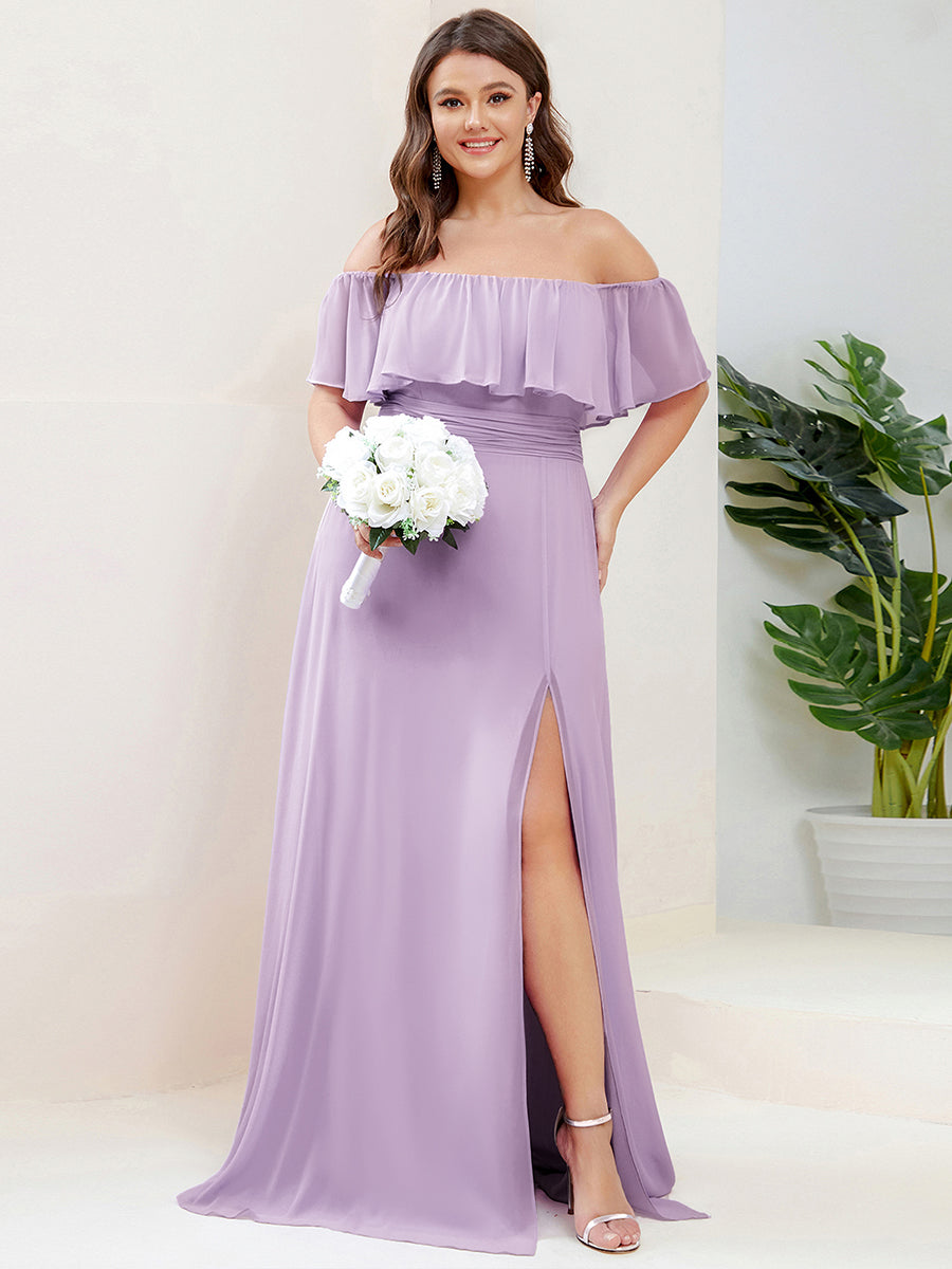 Robe Demoiselle d'Honneur belle Longue Fendue à épaules Dénudées #Couleur_Lilas Givré