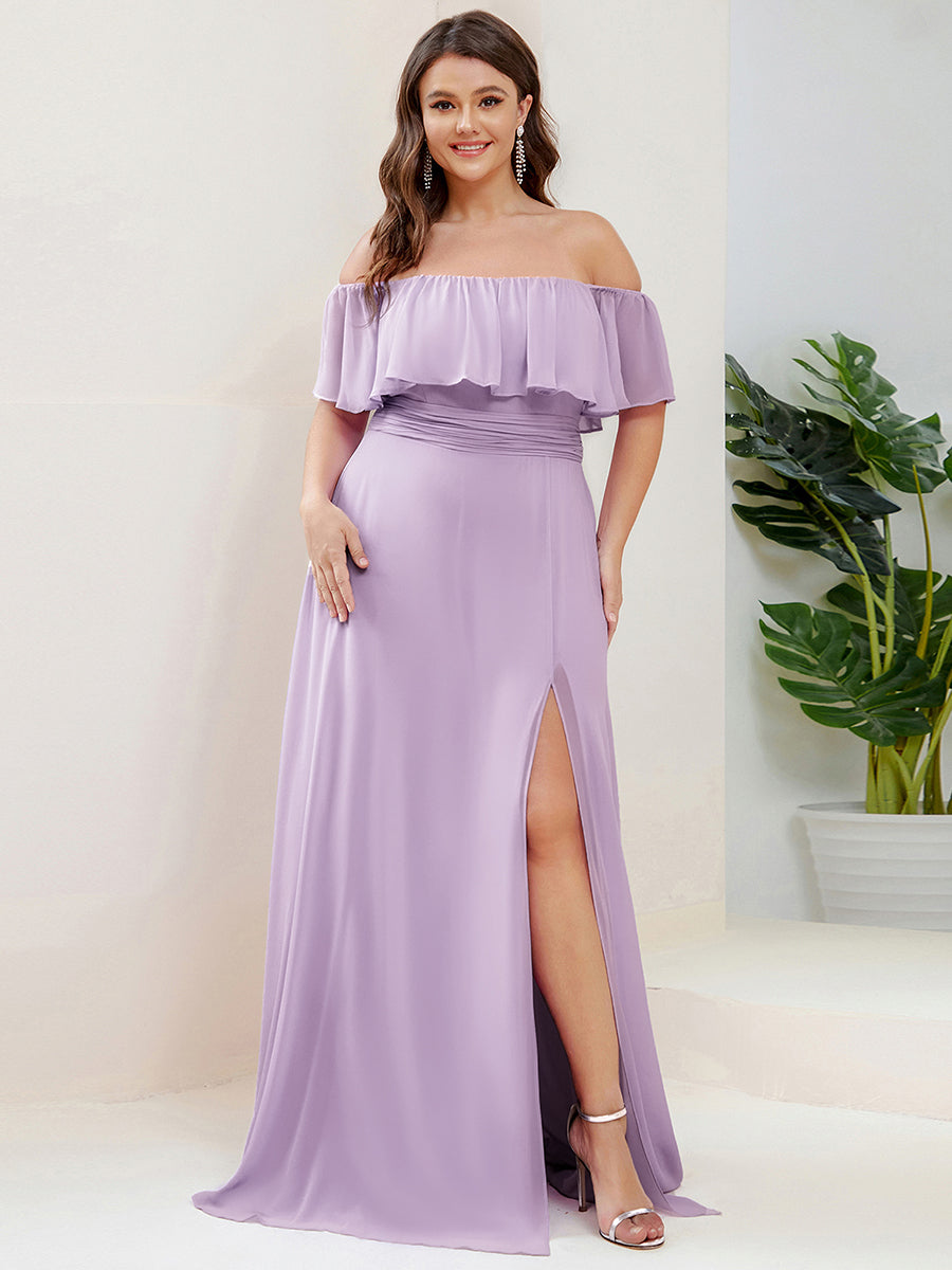 Robe de demoiselle d'honneur grande taille à volants et épaules dénudéess #Couleur_Lilas Givré