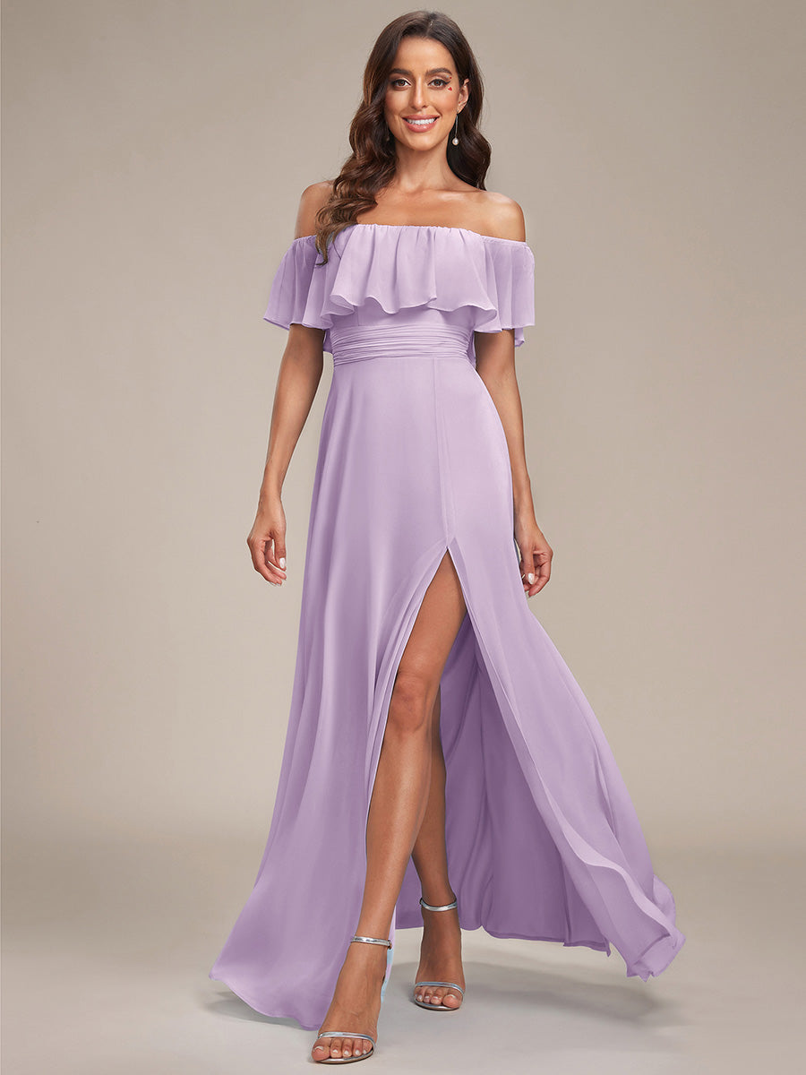 Robe Demoiselle d'Honneur belle Longue Fendue à épaules Dénudées #Couleur_Lilas Givré