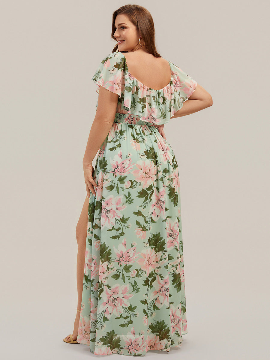 Robe de demoiselle d'honneur en mousseline à épaules dénudées et fente haute #Couleur_Vert clair à fleurs