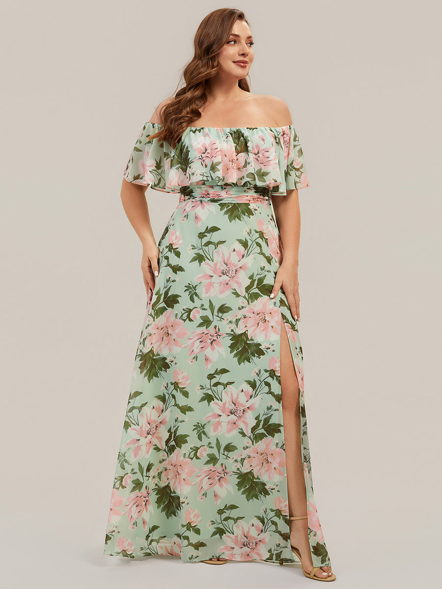 Robe de demoiselle d'honneur en mousseline à épaules dénudées et fente haute #Couleur_Vert clair à fleurs