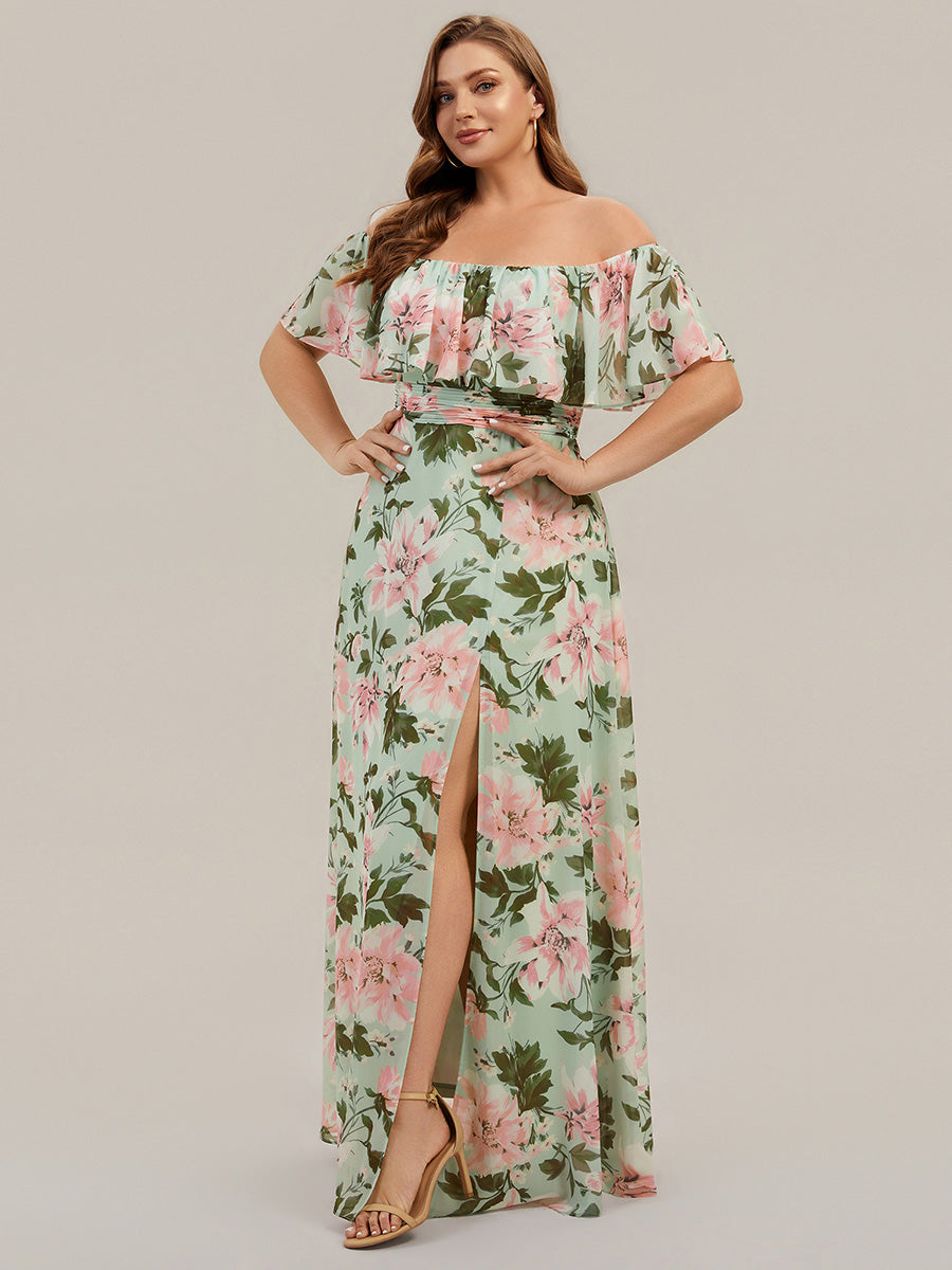 Robe de demoiselle d'honneur en mousseline à épaules dénudées et fente haute #Couleur_Vert clair à fleurs