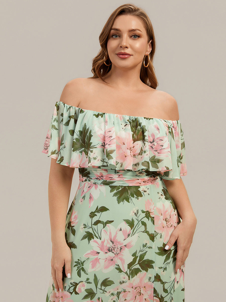 Robe de demoiselle d'honneur en mousseline à épaules dénudées et fente haute #Couleur_Vert clair à fleurs