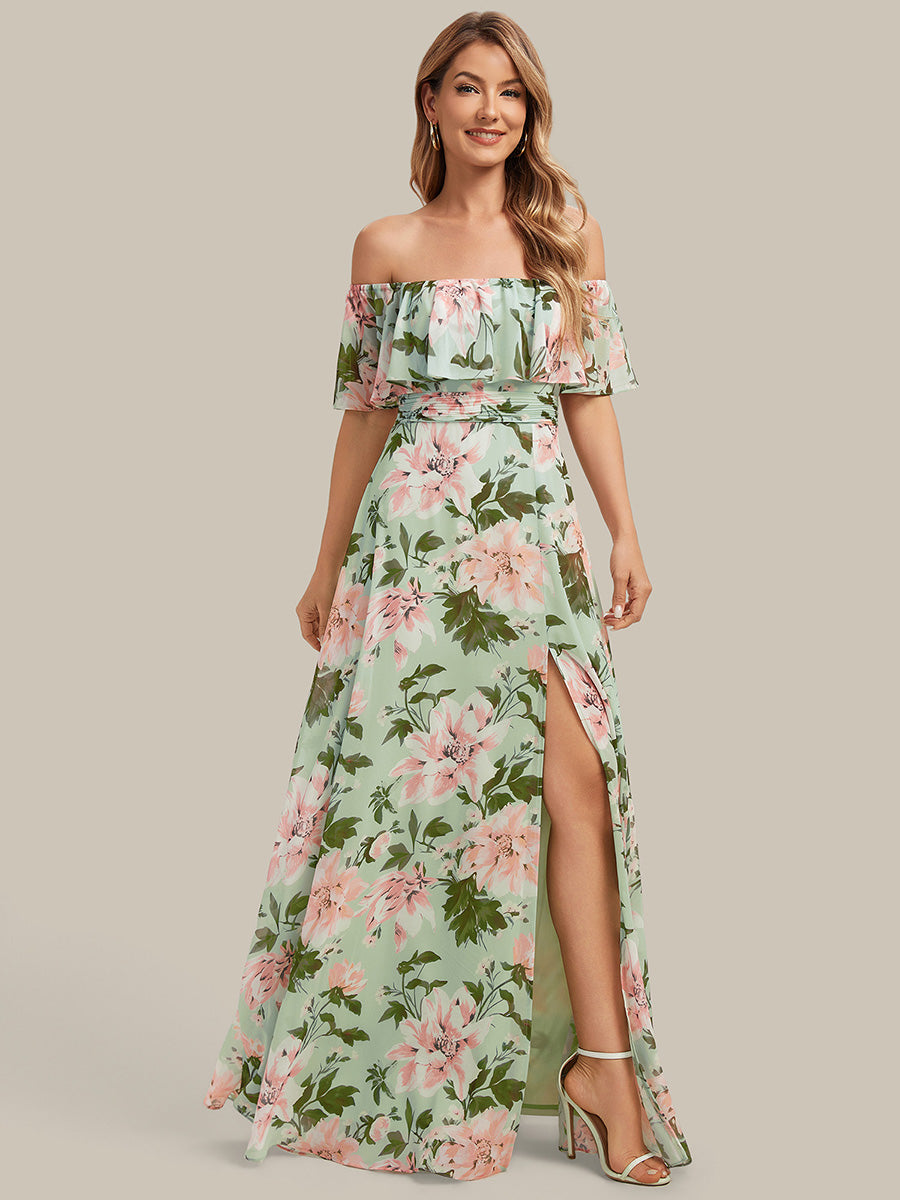 Robe de demoiselle d'honneur en mousseline à épaules dénudées et fente haute #Couleur_Vert clair à fleurs