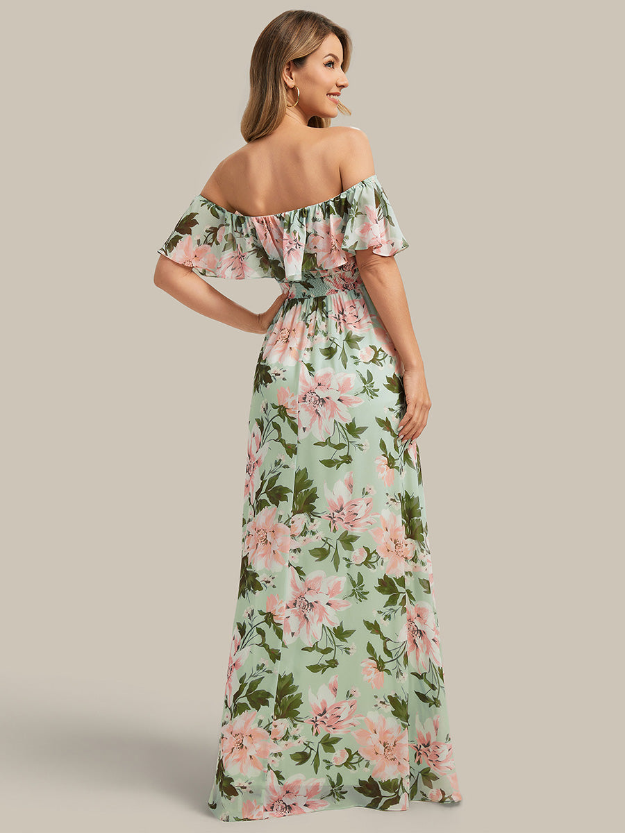 Robe de demoiselle d'honneur en mousseline à épaules dénudées et fente haute #Couleur_Vert clair à fleurs
