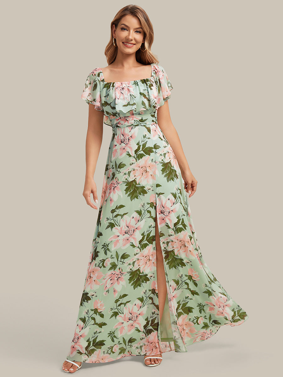 Robe de demoiselle d'honneur en mousseline à épaules dénudées et fente haute #Couleur_Vert clair à fleurs