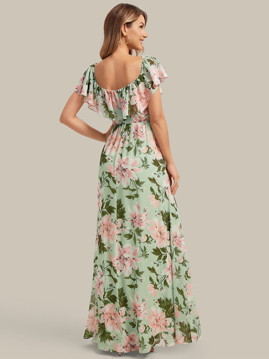 Robe de demoiselle d'honneur en mousseline à épaules dénudées et fente haute #Couleur_Vert clair à fleurs