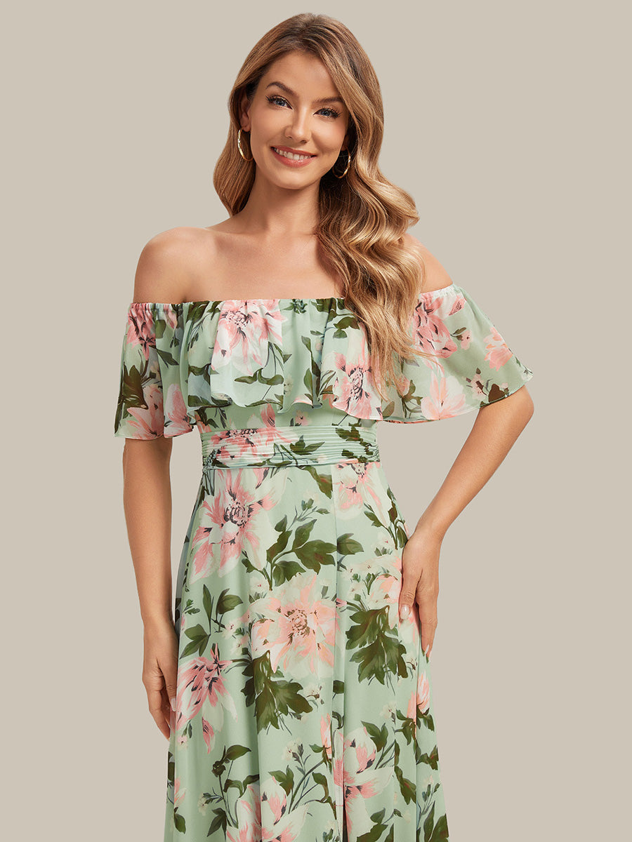 Robe de demoiselle d'honneur en mousseline à épaules dénudées et fente haute #Couleur_Vert clair à fleurs