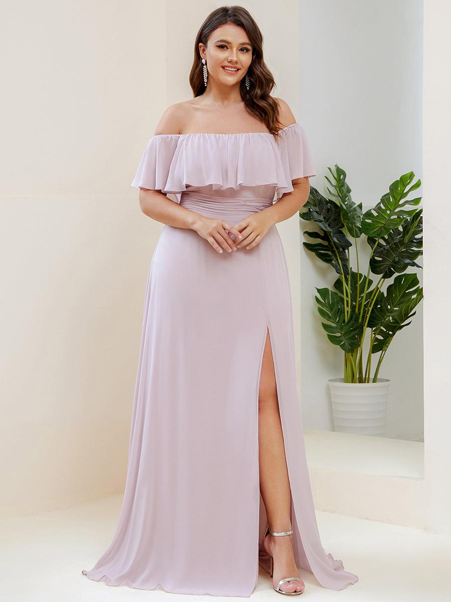 Robe de demoiselle d'honneur grande taille à volants et épaules dénudéess #Couleur_Lilas