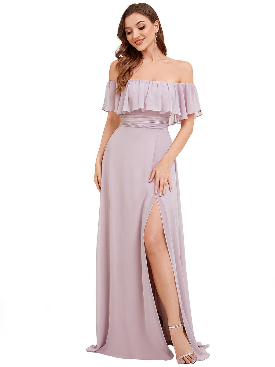Robe de demoiselle d'honneur en mousseline à épaules dénudées et fente haute #Couleur_Lilas