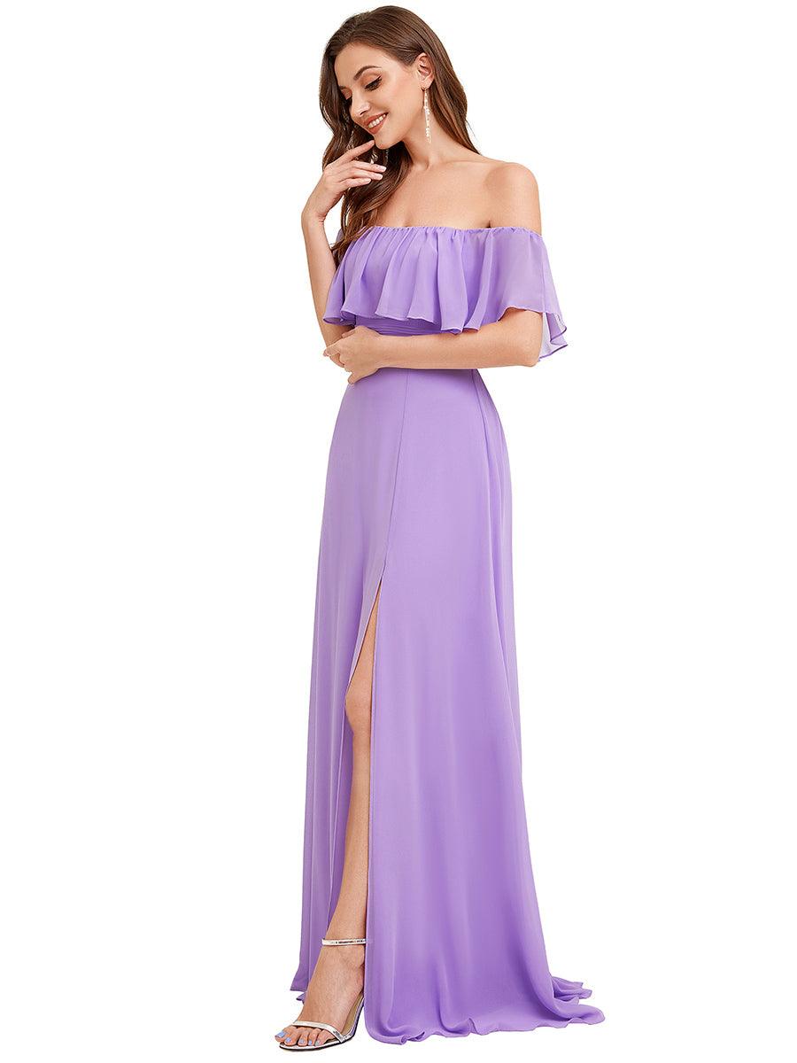 Robe de demoiselle d'honneur en mousseline à épaules dénudées et fente haute #Couleur_Lavande