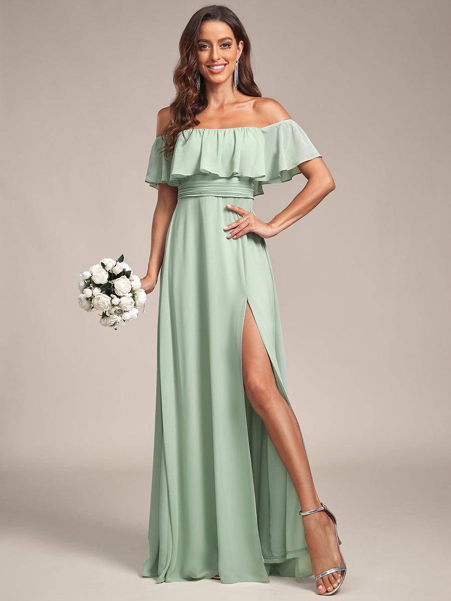 Robe de demoiselle d'honneur en mousseline à épaules dénudées et fente haute #Couleur_Menthe Verte