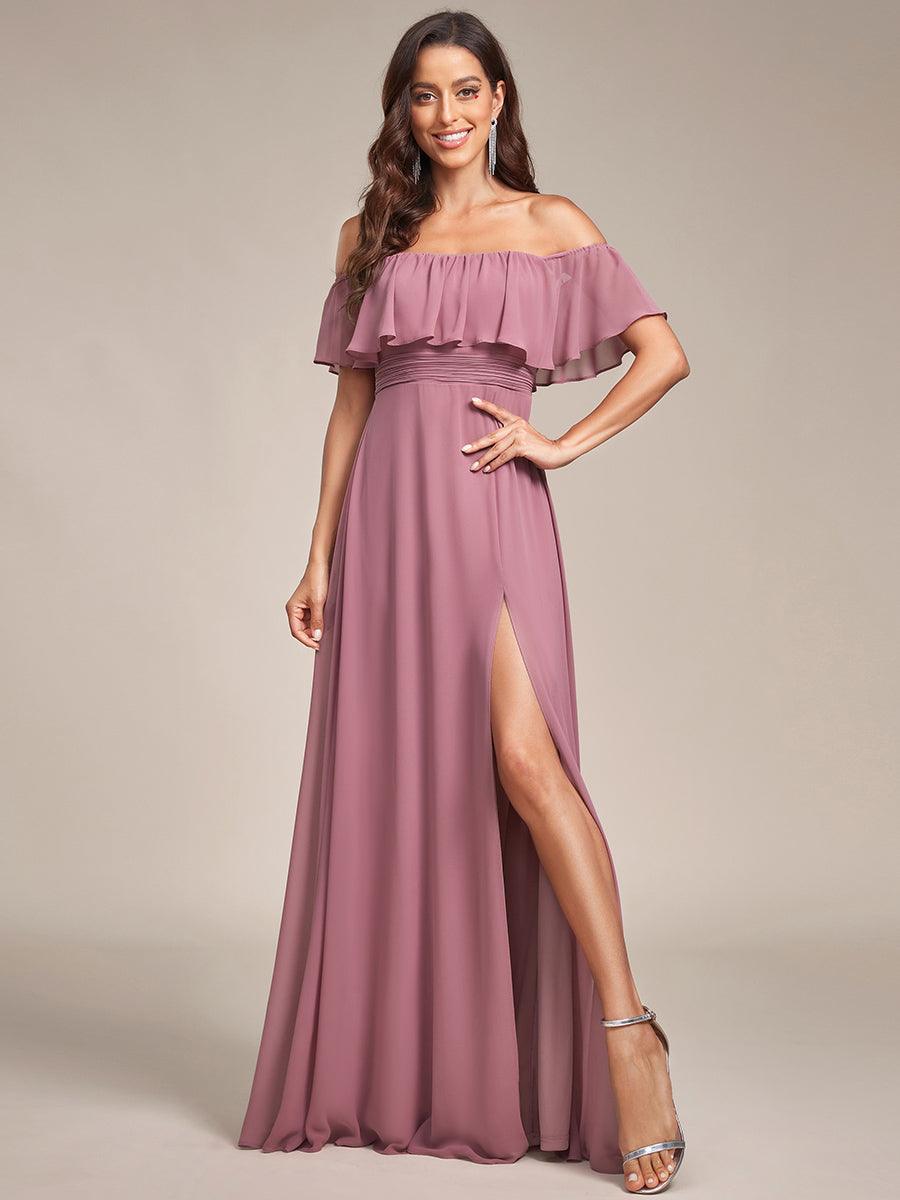Robe de demoiselle d'honneur en mousseline à épaules dénudées et fente haute #Couleur_Orchidee